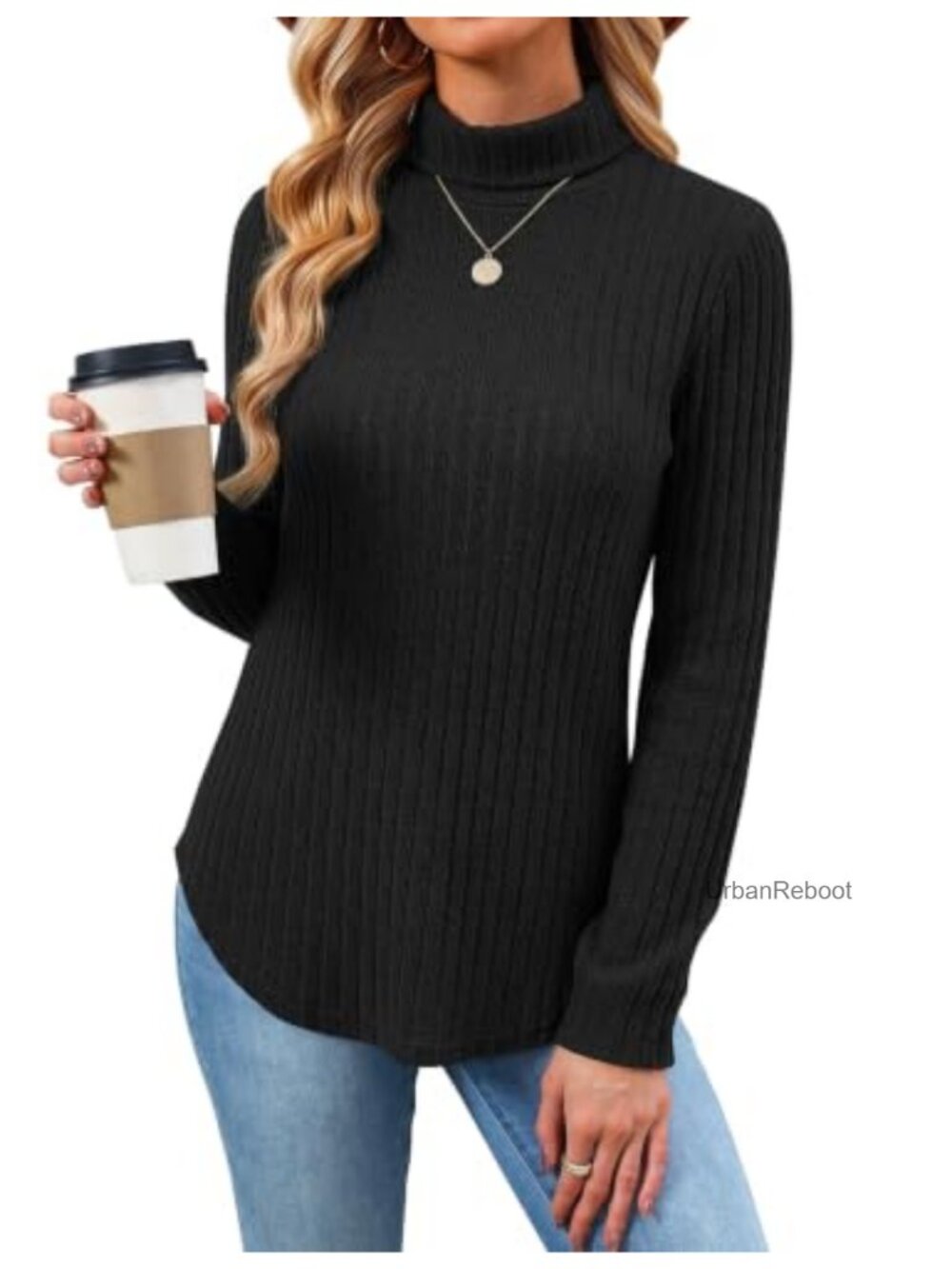Turtleneck Tunic Sweater Long Sleeve Curved Hem Pullover